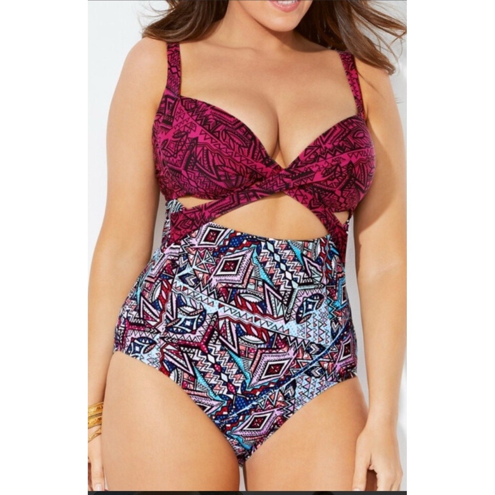 New Swimsuits For All Cutout‎ Underwire One Piece Swimsuit Plus Size 10 Printed